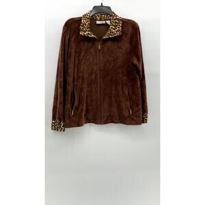 SPORT SAVVY Women's Brown Soft Y2K Animal Print Zip-Up Long Sleeve Sweater SZ M